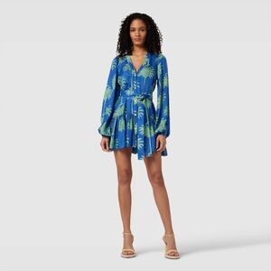 Hannah Artwear 100% Silk Blue and Green Resortwear Tropical Palm Print Dress S